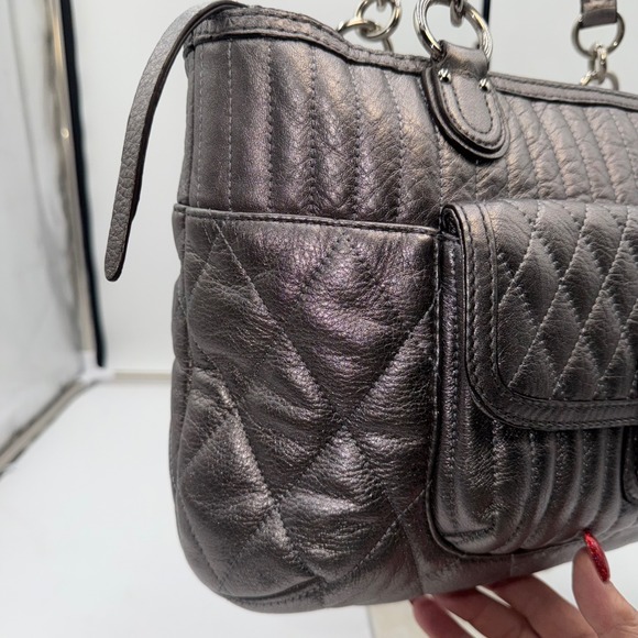 Coach Poppy Quilted Metallic Leather Tote Bag Silver Shoulder Handbag - Picture 7 of 10